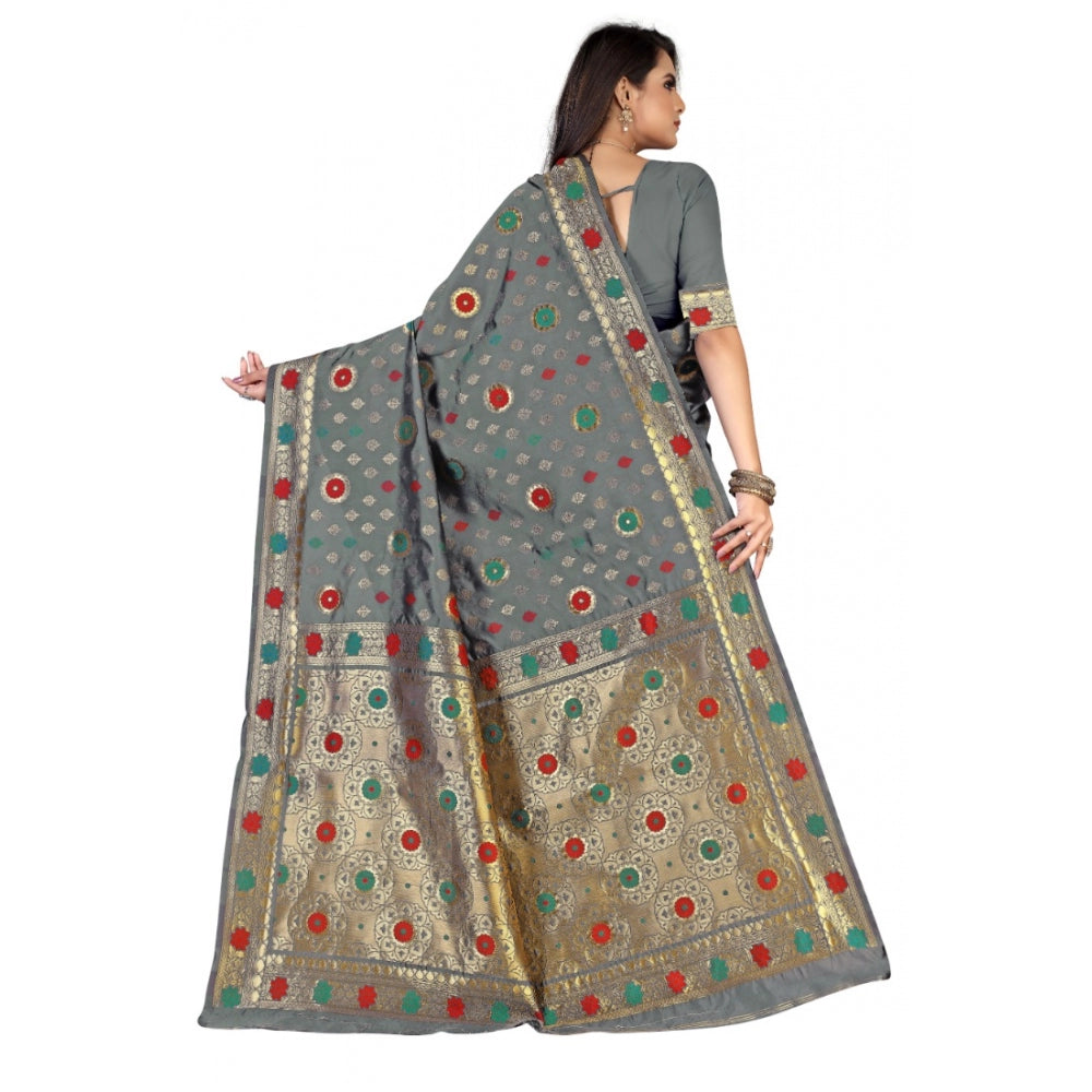 Women's Banarasi Silk Designer Weaving Saree With Unstitched Blouse (Grey, 5.50 Mtrs)