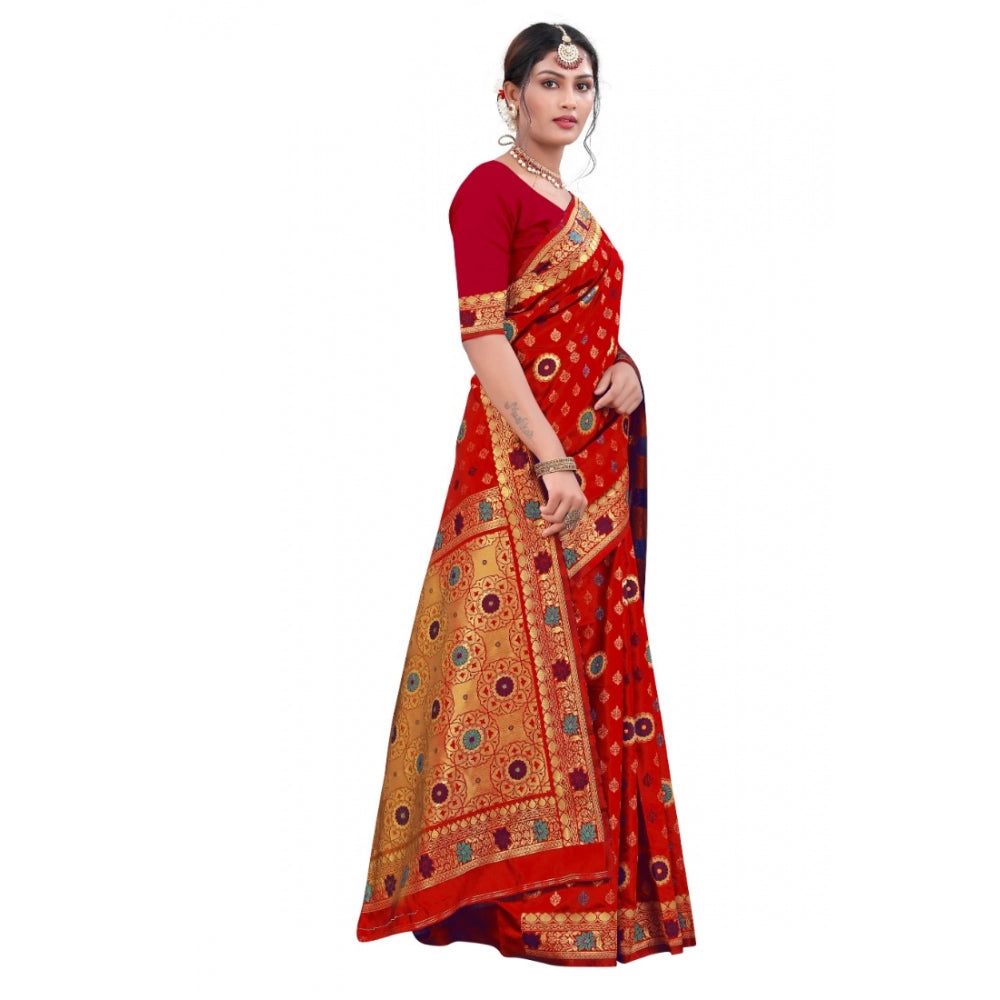 Women's Banarasi Silk Designer Weaving Saree With Unstitched Blouse (Red, 5.50 Mtrs)