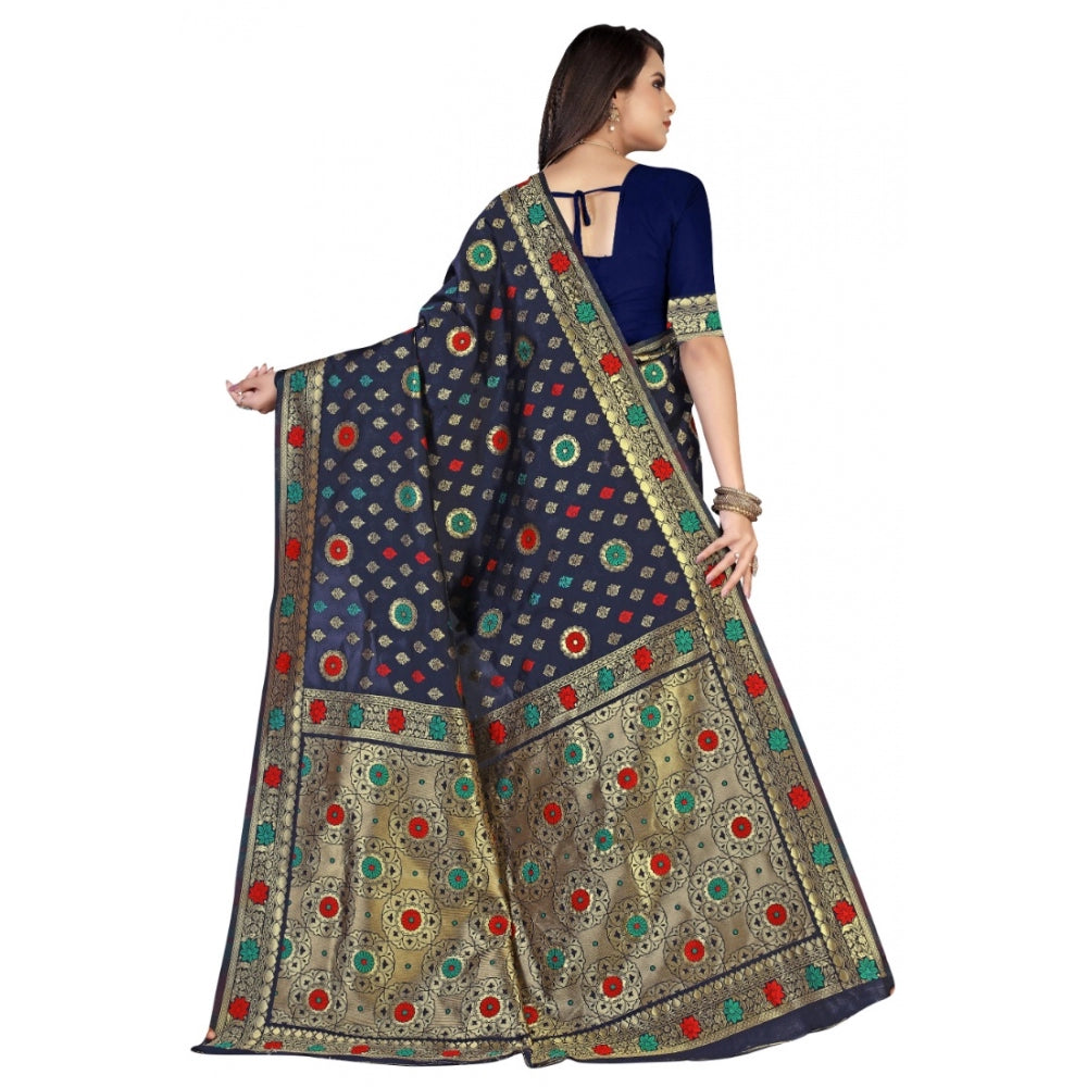 Women's Banarasi Silk Designer Weaving Saree With Unstitched Blouse (Blue, 5.50 Mtrs)