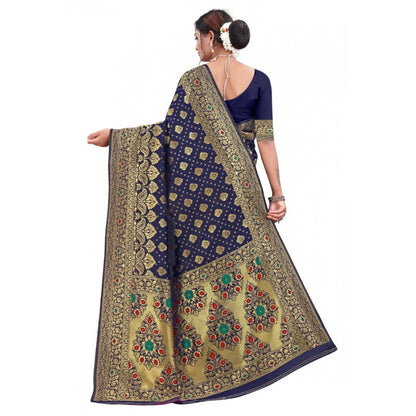 Women's Banarasi Silk Designer Weaving Saree With Unstitched Blouse (Blue, 5.50 Mtrs)