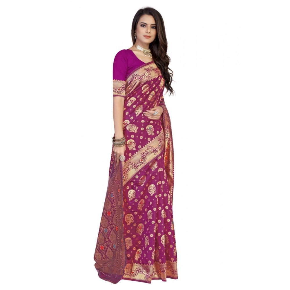 Women's Banarasi Silk Designer Weaving Saree With Unstitched Blouse (Pink, 5.50 Mtrs)