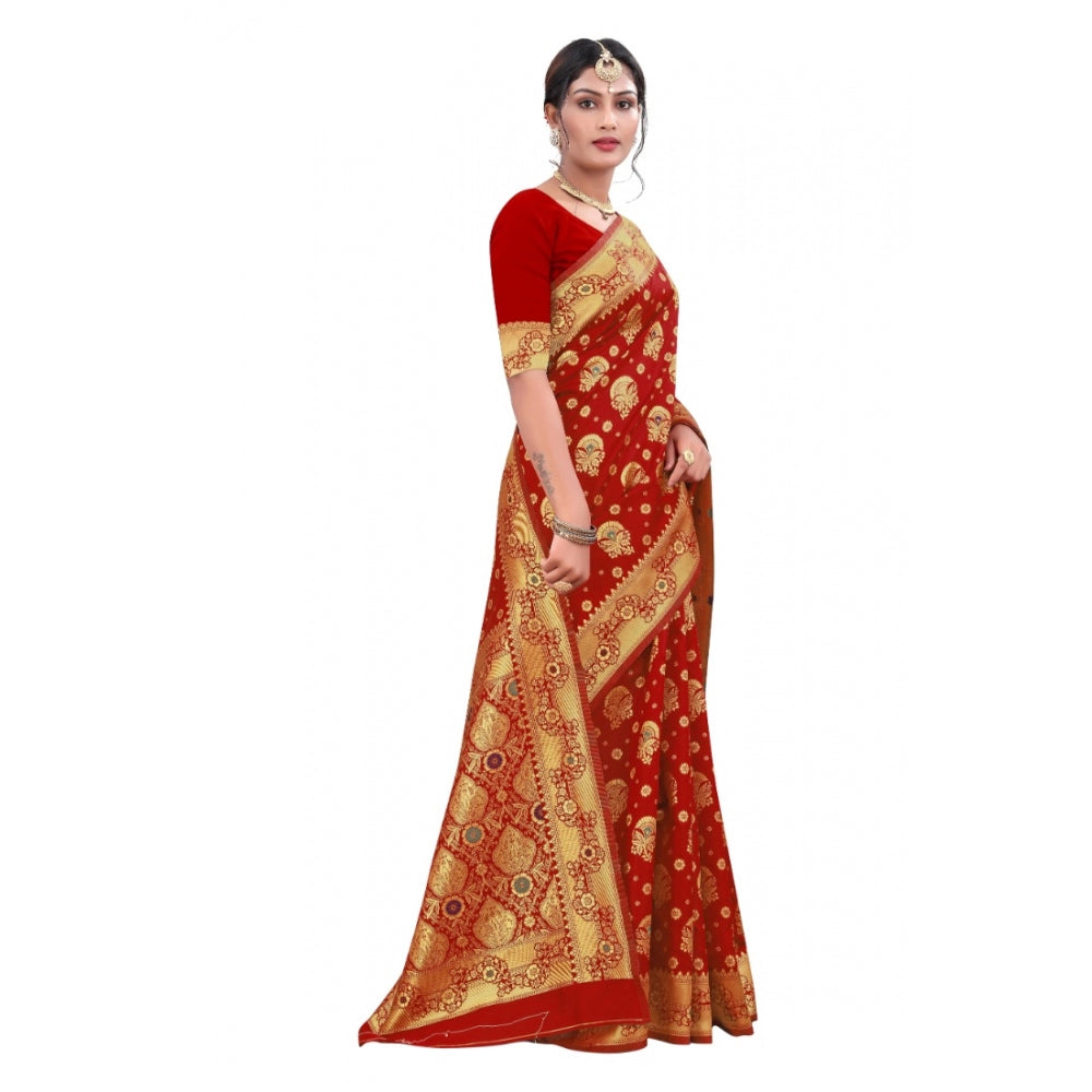 Women's Banarasi Silk Designer Weaving Saree With Unstitched Blouse (Red, 5.50 Mtrs)