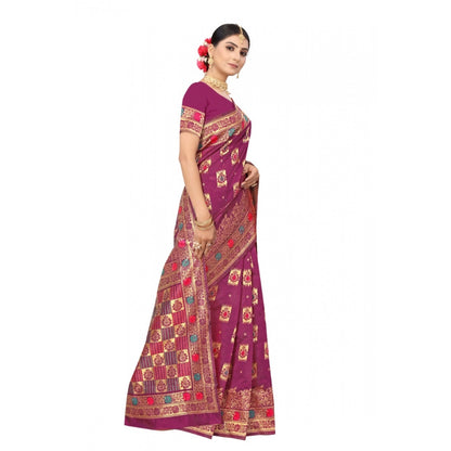 Women's Banarasi Silk Designer Weaving Saree With Unstitched Blouse (Purple, 5.50 Mtrs)