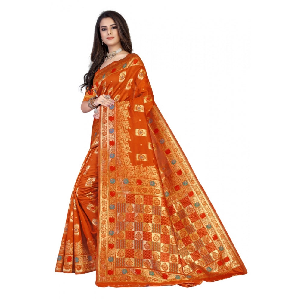 Women's Banarasi Silk Designer Weaving Saree With Unstitched Blouse (Orange, 5.50 Mtrs)