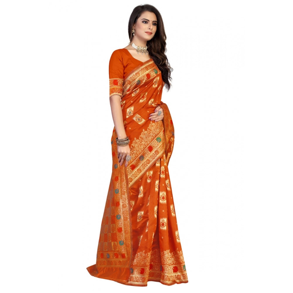 Women's Banarasi Silk Designer Weaving Saree With Unstitched Blouse (Orange, 5.50 Mtrs)