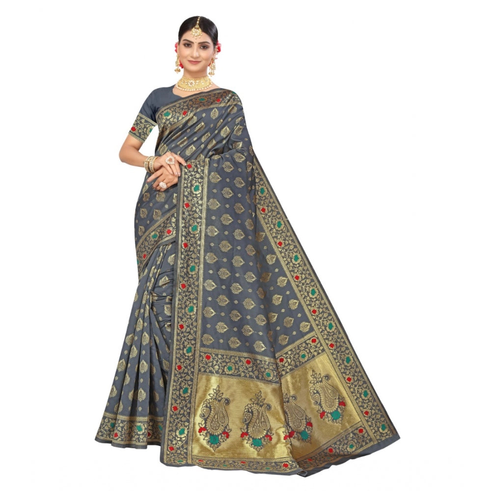 Women's Banarasi Silk Designer Weaving Saree With Unstitched Blouse (Grey, 5.50 Mtrs)