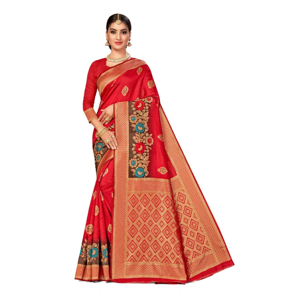 Women's Banarasi Silk Designer Weaving Saree With Unstitched Blouse (Red, 5.50 Mtrs)