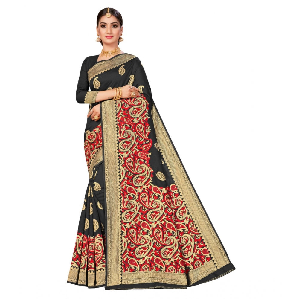 Women's Banarasi Silk Designer Weaving Saree With Unstitched Blouse (Black, 5.50 Mtrs)