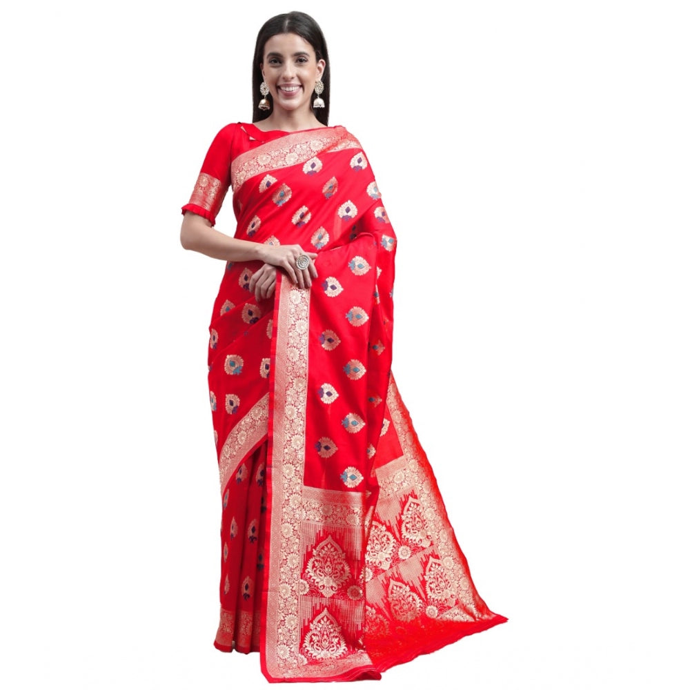 Women's Kanjivaram Silk Designer Weaving Saree With Unstitched Blouse (Red, 5.50 Mtrs)