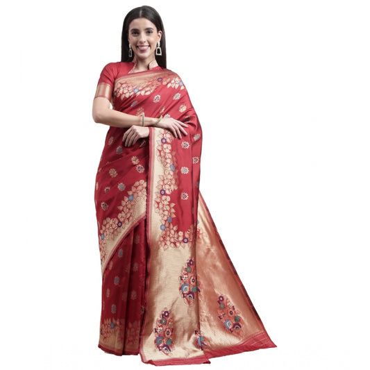 Women's Kanjivaram Silk Designer Weaving Saree With Unstitched Blouse (Red, 5.50 Mtrs)