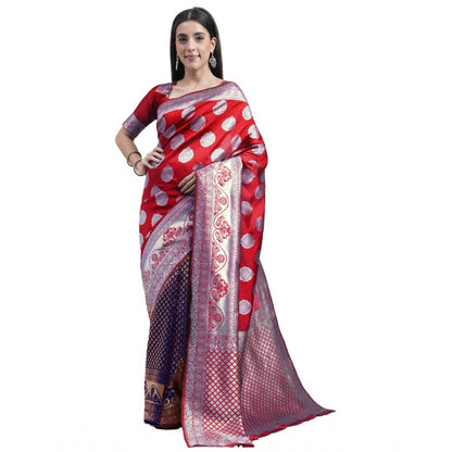 Women's Kanjivaram Silk Designer Weaving Saree With Unstitched Blouse (Red &amp; Blue, 5.50 Mtrs)