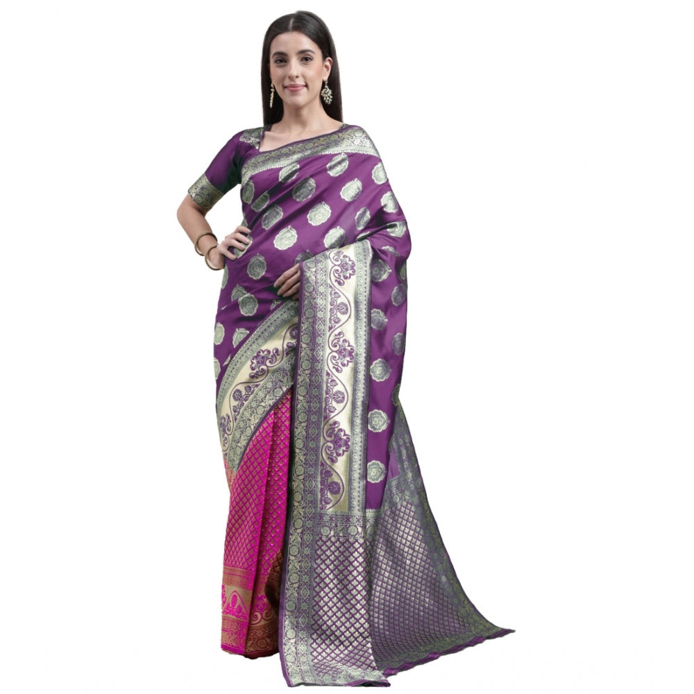 Women's Kanjivaram Silk Designer Weaving Saree With Unstitched Blouse (Voilet &amp; Purple, 5.50 Mtrs)