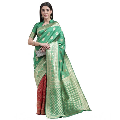 Women's Kanjivaram Silk Designer Weaving Saree With Unstitched Blouse (Green &amp; Red, 5.50 Mtrs)