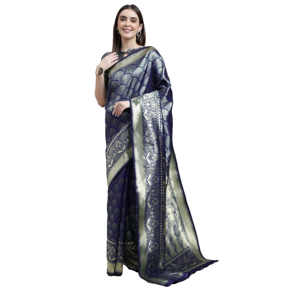 Women's Banarasi Silk Designer Weaving Saree With Unstitched Blouse (Blue, 5.50 Mtrs)