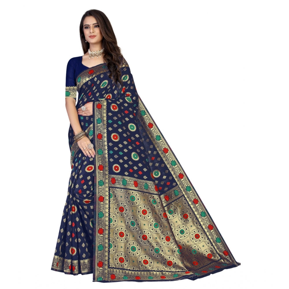 Women's Banarasi Silk Designer Weaving Saree With Unstitched Blouse (Blue, 5.50 Mtrs)