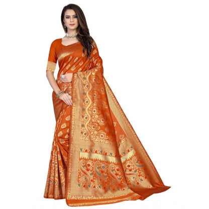 Women's Banarasi Silk Designer Weaving Saree With Unstitched Blouse (Orange, 5.50 Mtrs)