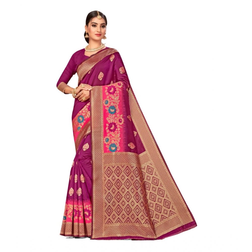 Women's Banarasi Silk Designer Weaving Saree With Unstitched Blouse (Purple, 5.50 Mtrs)