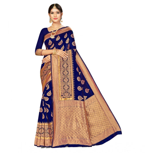 Women's Banarasi Silk Designer Weaving Saree With Unstitched Blouse (Navy Blue, 5.50 Mtrs)