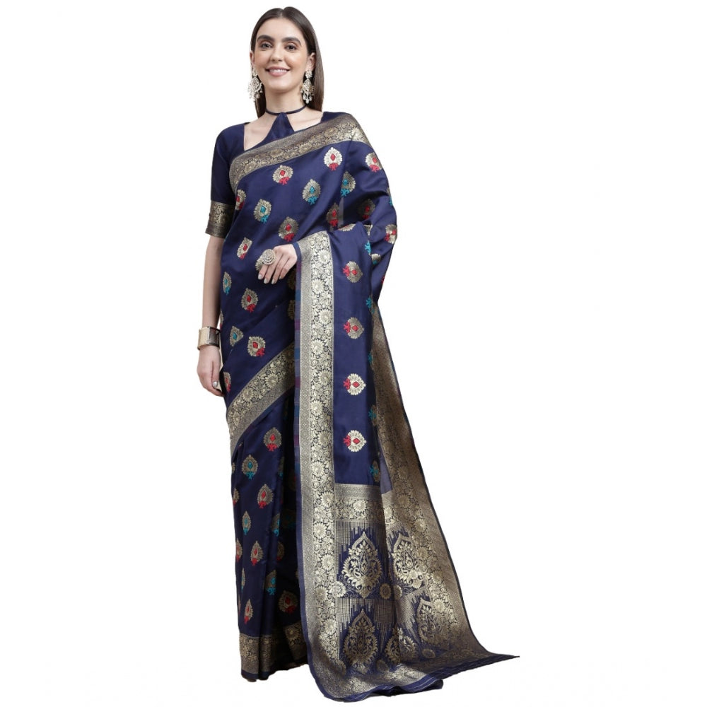 Women's Kanjivaram Silk Designer Weaving Saree With Unstitched Blouse (Blue, 5.50 Mtrs)