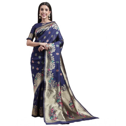 Women's Kanjivaram Silk Designer Weaving Saree With Unstitched Blouse (Blue, 5.50 Mtrs)