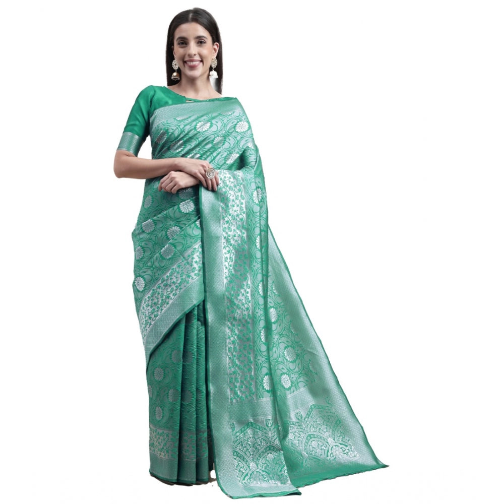 Women's Kanjivaram Silk Designer Silver Weaving Saree With Unstitched Blouse (Green, 5.50 Mtrs)