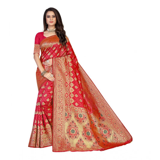 Women's Banarasi Silk Designer Weaving Saree With Unstitched Blouse (Red, 5.50 Mtrs)