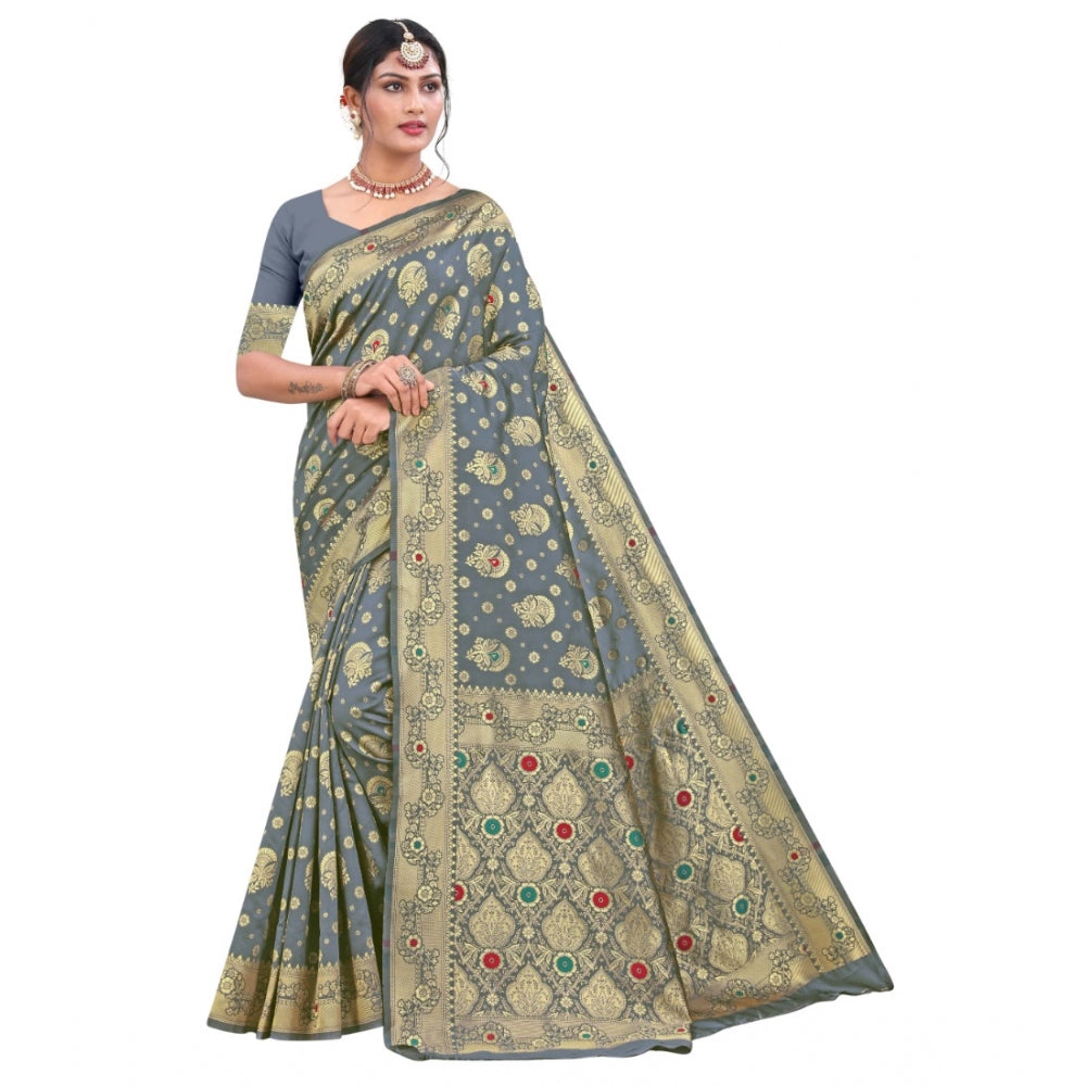 Women's Banarasi Silk Designer Weaving Saree With Unstitched Blouse (Grey, 5.50 Mtrs)