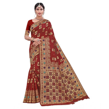 Women's Banarasi Silk Designer Weaving Saree With Unstitched Blouse (Maroon, 5.50 Mtrs)