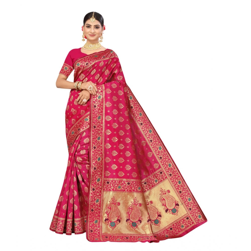 Women's Banarasi Silk Designer Weaving Saree With Unstitched Blouse (Pink, 5.50 Mtrs)