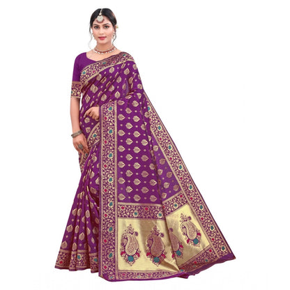 Women's Banarasi Silk Designer Weaving Saree With Unstitched Blouse (Purple, 5.50 Mtrs)