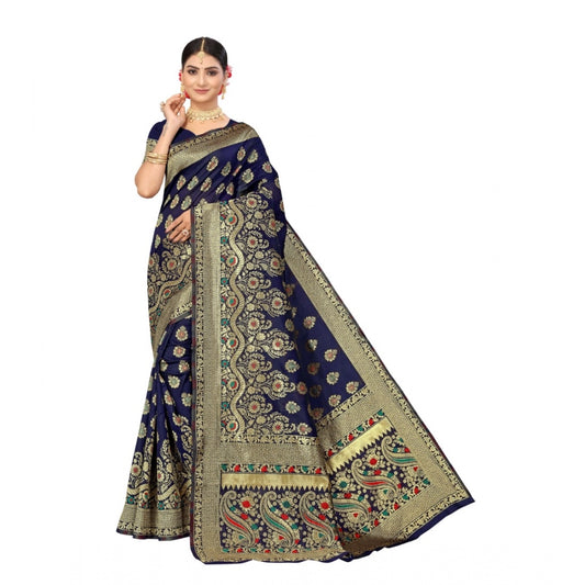 Women's Banarasi Silk Designer Weaving Saree With Unstitched Blouse (Blue, 5.50 Mtrs)