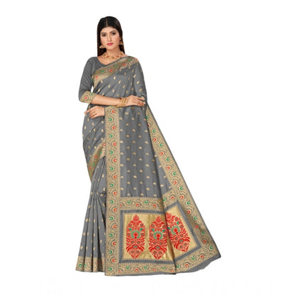 Women's Banarasi Silk Designer Weaving Saree With Unstitched Blouse (Grey, 5.50 Mtrs)