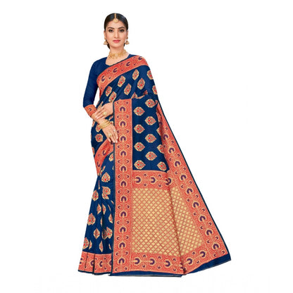 Women's Banarasi Silk Designer Weaving Saree With Unstitched Blouse (Blue, 5.50 Mtrs)