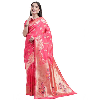 Women's Kanjivaram Silk Designer Weaving Saree With Unstitched Blouse (Pink, 5.50 Mtrs)