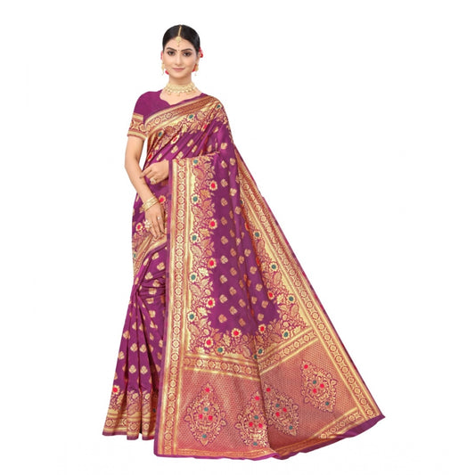 Women's Banarasi Silk Designer Weaving Saree With Unstitched Blouse (Purple, 5.50 Mtrs)