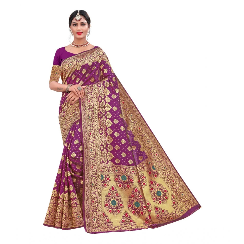 Women's Banarasi Silk Designer Weaving Saree With Unstitched Blouse (Purple, 5.50 Mtrs)