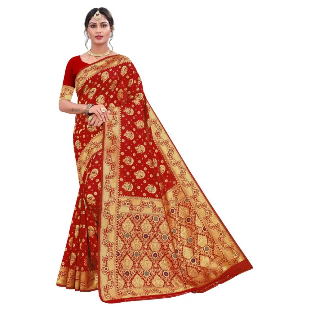 Women's Banarasi Silk Designer Weaving Saree With Unstitched Blouse (Red, 5.50 Mtrs)