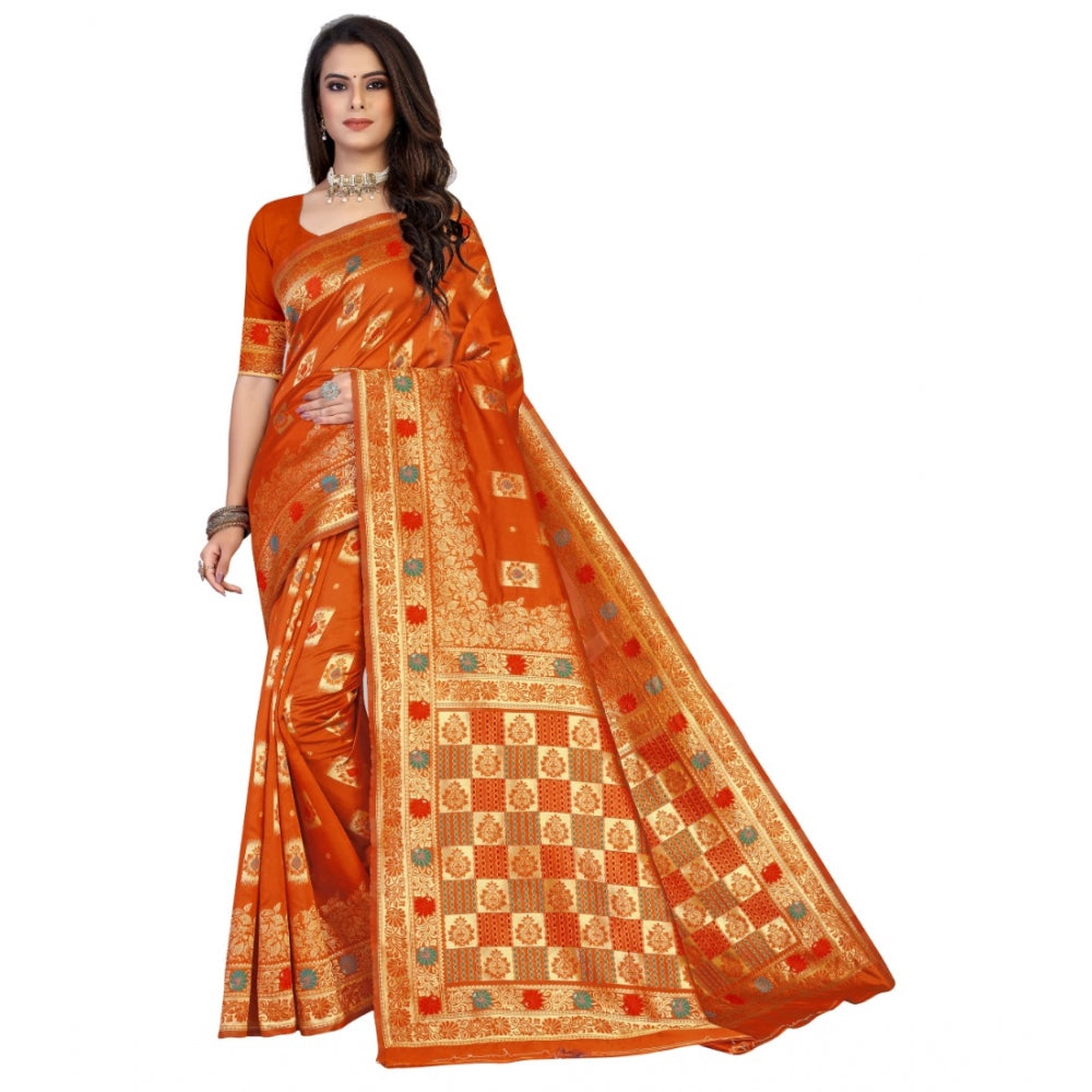 Women's Banarasi Silk Designer Weaving Saree With Unstitched Blouse (Orange, 5.50 Mtrs)