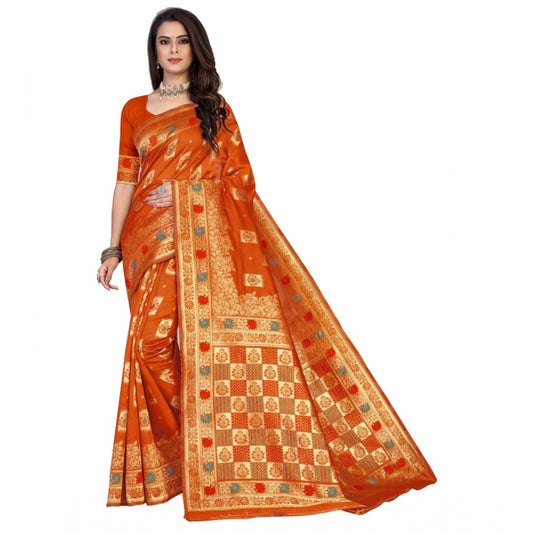 Women's Banarasi Silk Designer Weaving Saree With Unstitched Blouse (Orange, 5.50 Mtrs)