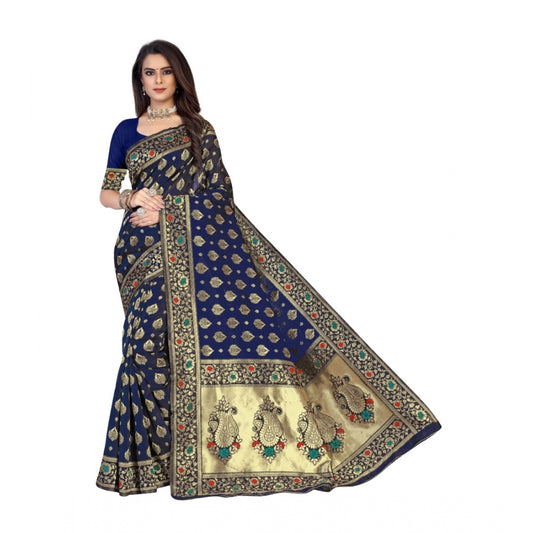 Women's Banarasi Silk Designer Weaving Saree With Unstitched Blouse (Blue, 5.50 Mtrs)