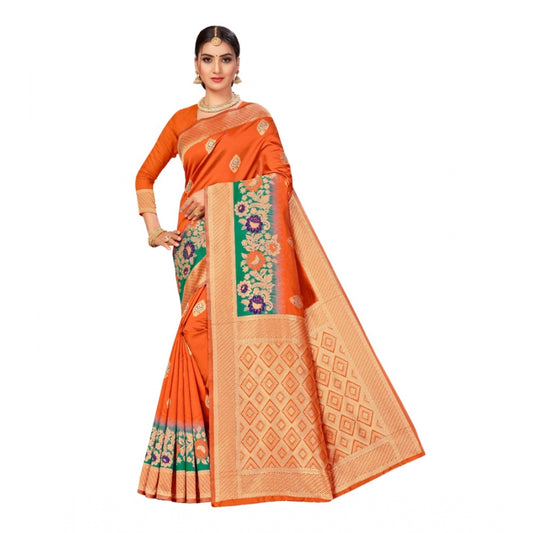 Women's Banarasi Silk Designer Weaving Saree With Unstitched Blouse (Orange, 5.50 Mtrs)