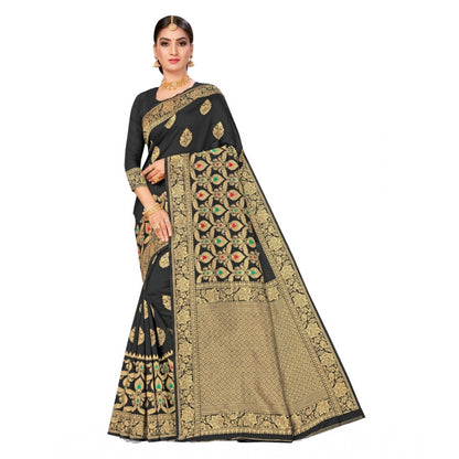 Women's Banarasi Silk Designer Weaving Saree With Unstitched Blouse (Black, 5.50 Mtrs)