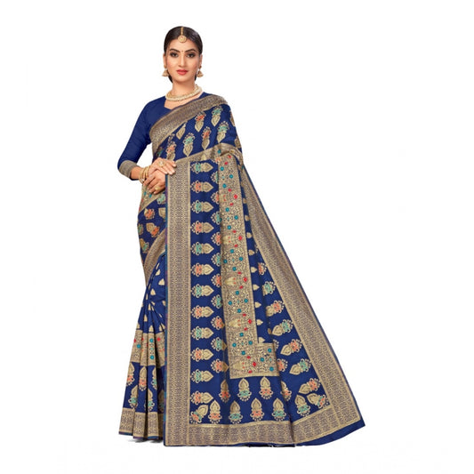 Women's Banarasi Silk Designer Weaving Saree With Unstitched Blouse (Blue, 5.50 Mtrs)