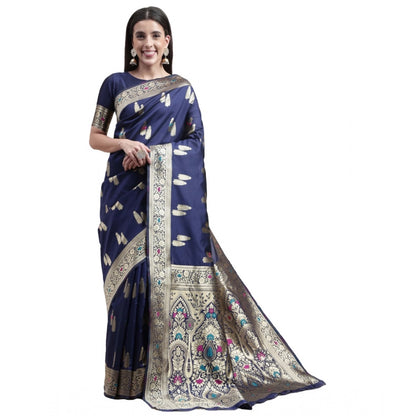 Women's Kanjivaram Silk Designer Weaving Saree With Unstitched Blouse (Blue, 5.50 Mtrs)