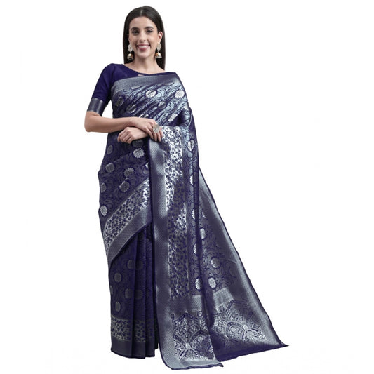 Women's Kanjivaram Silk Designer Silver Weaving Saree With Unstitched Blouse (Blue, 5.50 Mtrs)