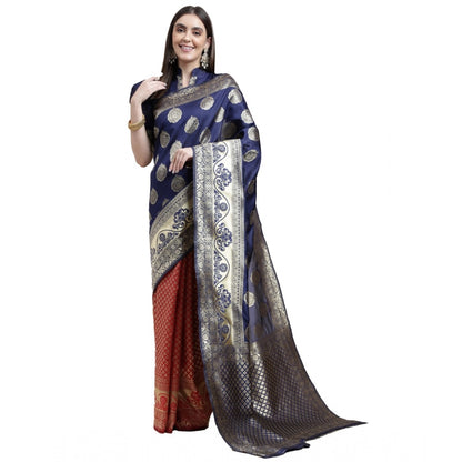 Women's Kanjivaram Silk Designer Weaving Saree With Unstitched Blouse (Blue &amp; Red, 5.50 Mtrs)