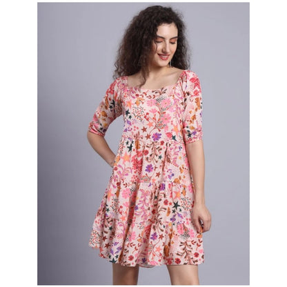 Women's Casual Short Sleeve Printed Crepe Dress (Multicolor)