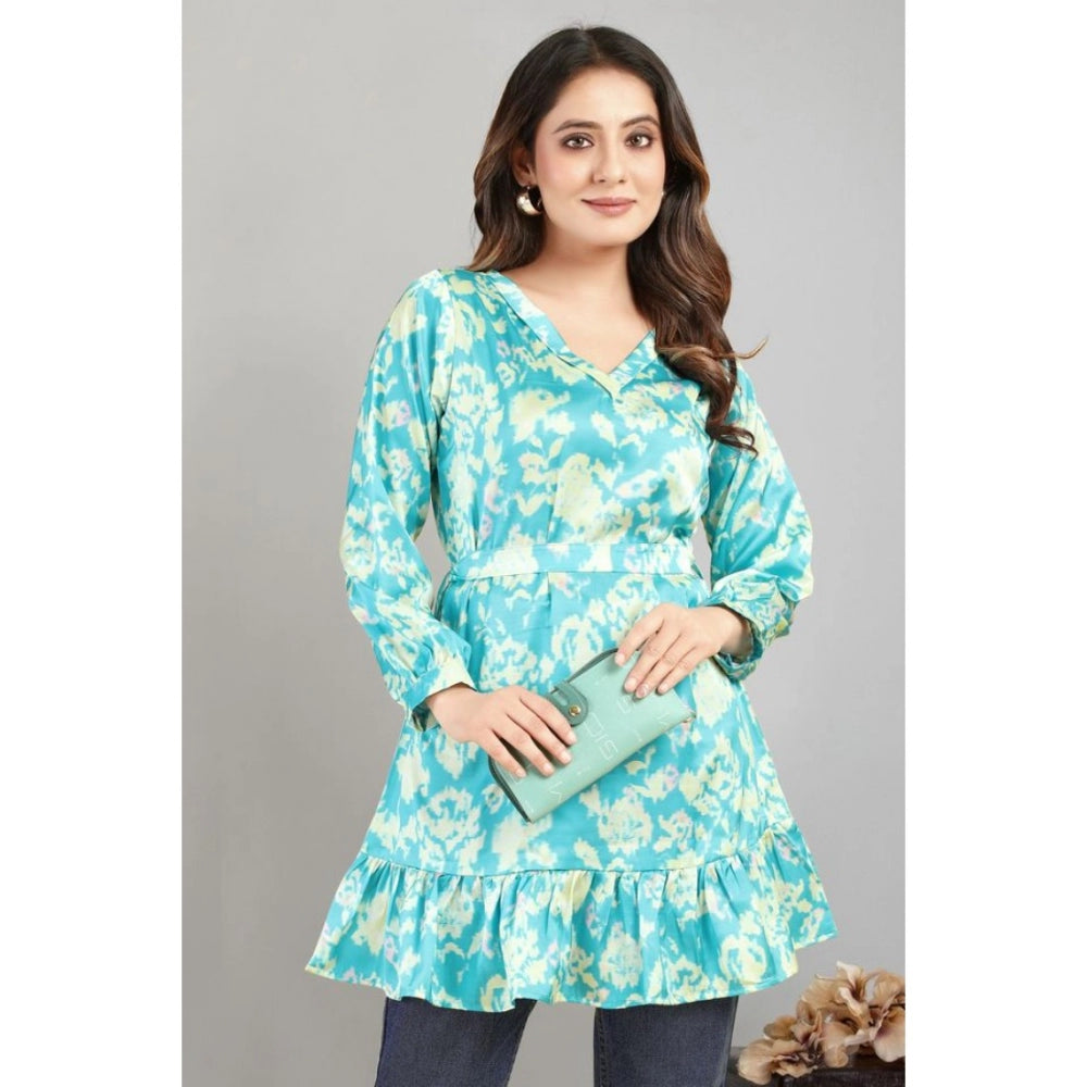 Women's Casual Full Sleeve Printed Satin Top (Turquoise)