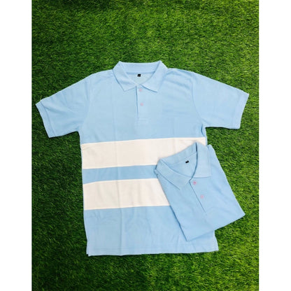 Men's Casual Short Sleeves Cotton Polo Neck T-shirt (Aqua Blue)