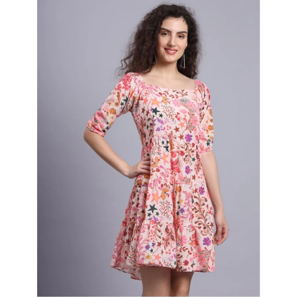 Women's Casual Short Sleeve Printed Crepe Dress (Multicolor)